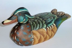 CArved Wood Hand Painted Drake Wood Duck Decoy 10"Long 4"Wide 5.5"Tall - Picture 1 of 9