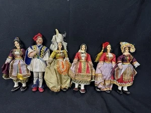 Lot 6 Vintage Greek Woman Man Doll Souvenir Traditional Costume Tsolia - Picture 1 of 4