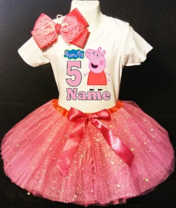 Peppa Pig--With NAME-- 5 fifth 5th Birthday Tutu Pink Fuchsia Outfit Party Shirt - Picture 1 of 2
