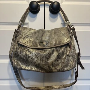 KATE SPADE GRAY METALLIC SNAKESKIN EMBOSSED LEATHER FOLD OVER SHOULDER BAG/TOTE - Picture 1 of 11