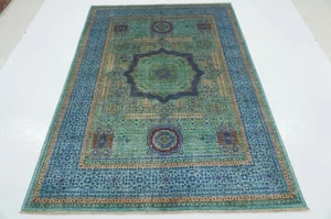 6 x 8 ft Turquoise Blue Mamluk Afghan Hand Knotted Veg dyes Wool Medallion Rug - Picture 1 of 16