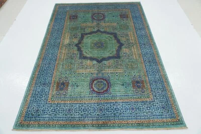 6 x 8 ft Turquoise Blue Mamluk Afghan Hand Knotted Veg dyes Wool Medallion Rug - Image 1 of 4