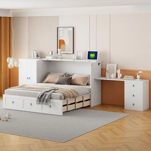 Queen Size Murphy Bed with USB Port, Large Drawer, and Wardrobe/Desk Combo White - Picture 1 of 9