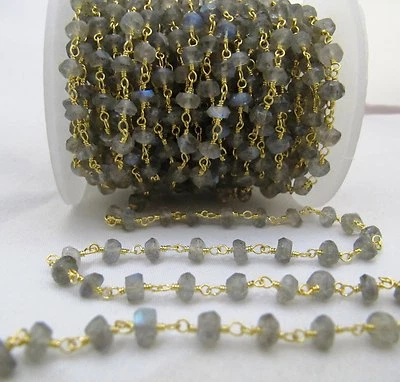 Cadena de rosario de labradorita de fuego azul calidad AA de 10 pies 3,5-4,5 mm envuelta en alambre  Foto 1 de 4