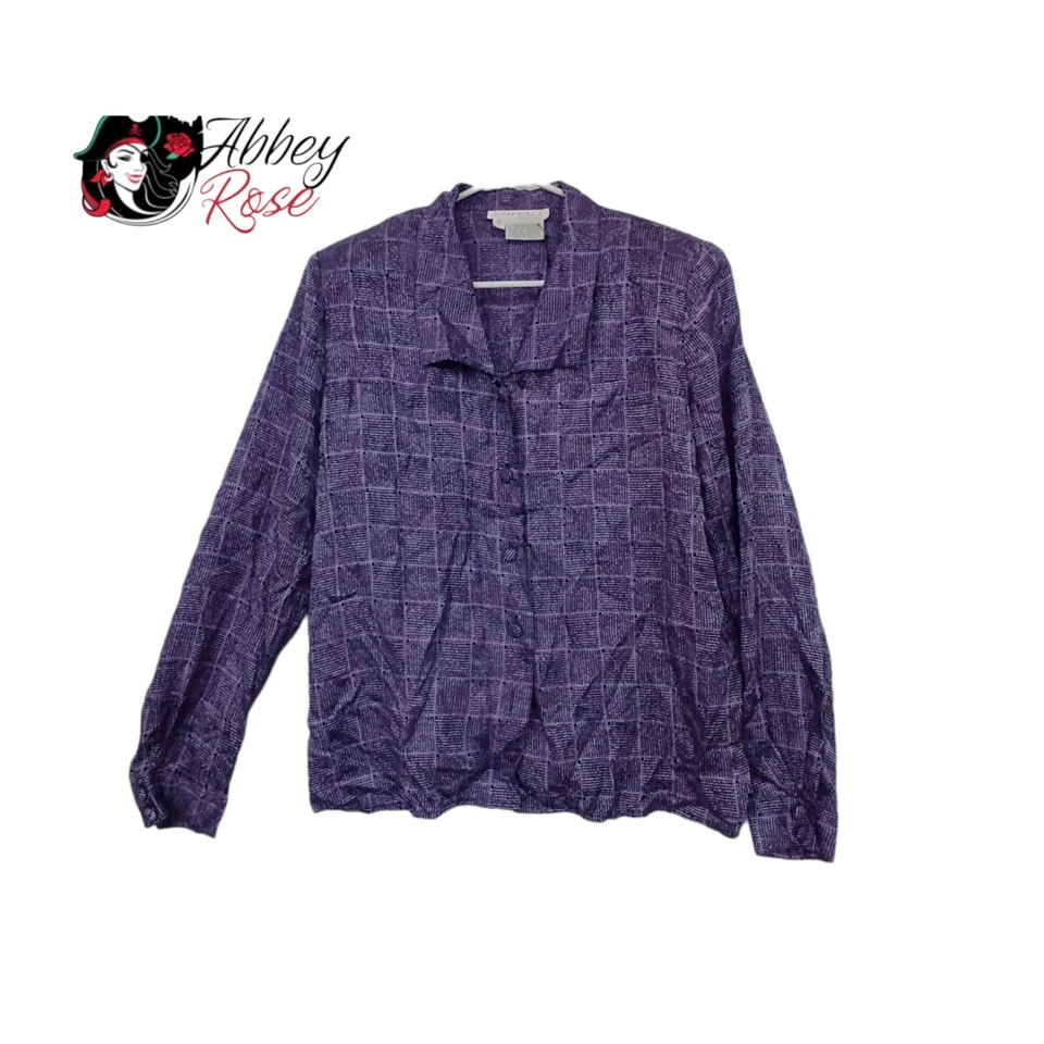 Blusa vintage Flora Kung seda púrpura abotonada talla 14 camisa años 80 90 Foto 1 de 4