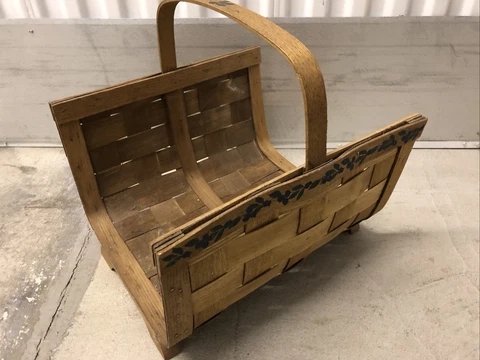 Vtg Split Oak Splint Wood Fireplace Log Kindling Basket Caddy w/Handle 17x15x17h Cover