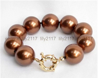 Genuine Brown 12mm Shell Pearl Round Beads Bracelet 7.5 inches - Image 1 of 4