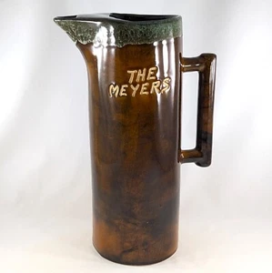 Van Briggle Tall Souvenir Pitcher, Brown With Drip Glaze, Branded "The Meyers" - Picture 1 of 6