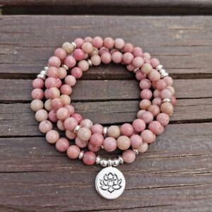 108 Mala Beads Natural Rhodochrosite Stone Lotus Pendant Necklace Mind Healing
