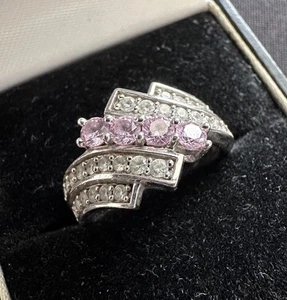 925 Sterling Silver Cubic Zirconia Clear Pink Prong Channel Set Wave Size M / 6 - Picture 1 of 13