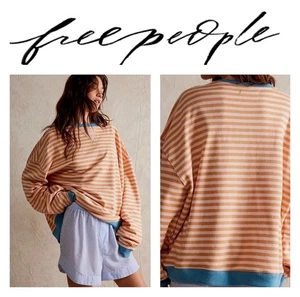 WE THE FREE PEOPLE LATTE COMBO CLASSIC STRIPED OVERSIZED SWEATSHIRT SZ M NEW $90 - Picture 1 of 14
