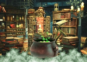 Halloween Fotografia Sfondo Strega Calderone Magico Libreria in Stanza Spettrale... - Foto 1 di 9