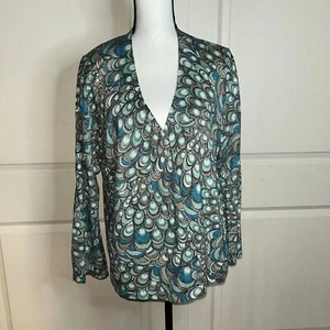 Chico’s Gr. 3 Metallic Pfauenmuster Strickjacke – kräftig & schimmernd Statement - Bild 1 von 6