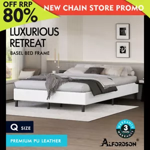 ALFORDSON Bed Frame Queen Size Mattress Base Foundation White Leather BASEL - Picture 1 of 12