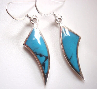 Shark Tooth Shaped Blue Simulated Turquoise Dangle Earrings 925 Sterling Silver - Image 1 of 4