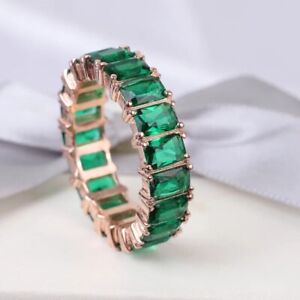 3Ct Emerald Cut Simulated Emerald Women's Band Ring 14K Rose Gold Plated Silver