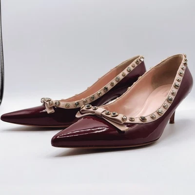 Kate Spade New York Burgundy Patent Leather Bow Studded Kitten Heels Size 9.5 B - Image 1 of 4
