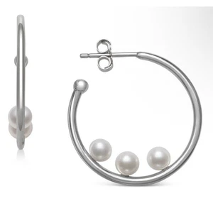 Sterling Silver Pearl(4mm) Hoop Earrings Stunning Chic Luxury Trendy Fashion NEW - Picture 1 of 14