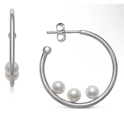 Pendientes de aro de plata esterlina con perlas (4 mm) impresionantes elegantes de lujo de moda NUEVO Foto 1 de 4