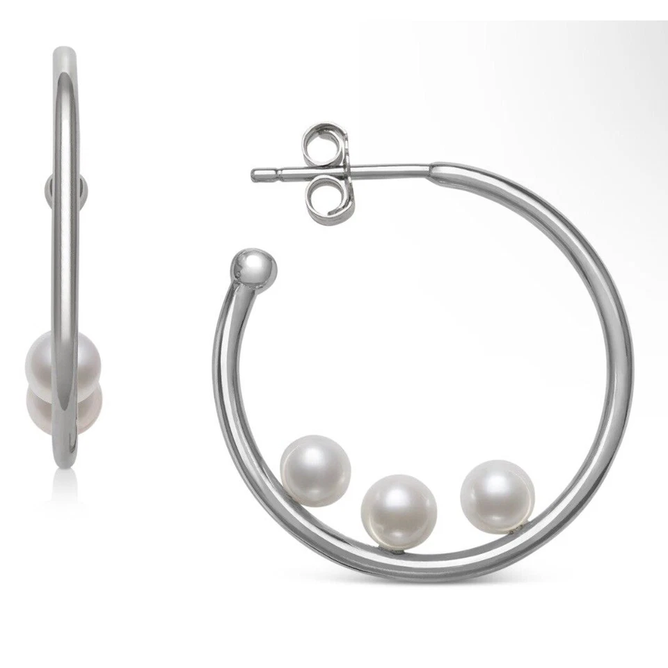 Pendientes de aro de plata esterlina con perlas (4 mm) impresionantes elegantes de lujo de moda NUEVO Foto 1 de 4