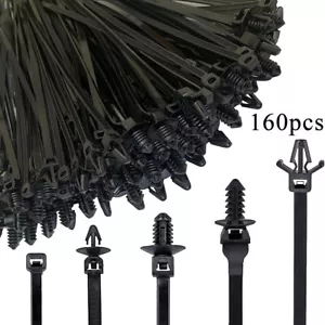 160 PCS Automotive Installation Black Push Mount Cable Zip Ties Assorted Sizes - Picture 1 of 11