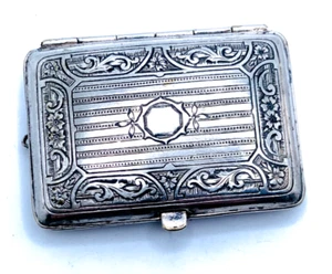 Antique Repousse Powder Rouge Card COMPACT Nickle Silver 2-Compartment Mirror - Picture 1 of 14