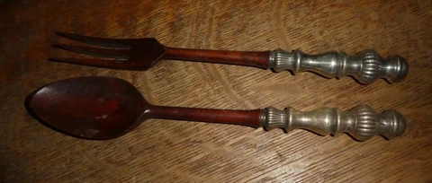 Silver Handles Wooden Salad Serving Spoon & Fork Set Marked France DR9 Cover