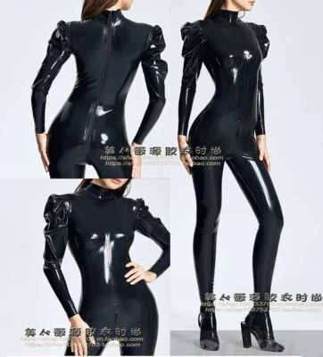 4741 Latex gummi catsuit with socks puff sleeve 3D breast cut back zip to crotch - Image 1 of 4