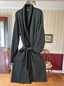 LL Bean Men's Warm Fleece Grey Black Trim Robe Wrap Tie Belt Pockets Size Lg