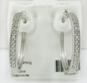 GENUINE 0.24 Cts DIAMONDS HOOP EARRINGS .925 Sterling Silver - NEW WITH TAG  - Picture 1 of 4
