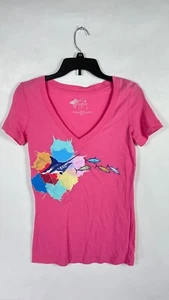 Camiseta para mujer Guy Harvey cuello en V manga corta estampado de peces rosa talla pequeña - Imagen 1 de 14