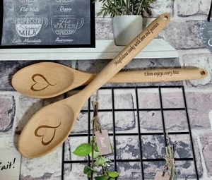 Personalised Wooden Set of 2 Spoons Kitchen Utensils Couple Gift Christmas Gift - Picture 1 of 2