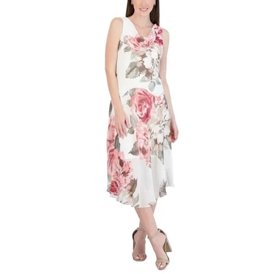 Vestido Robbie Bee Midi de Gasa 8 Blanco Floral Novia Y2K Capucha Cuello Flujo Romántico Foto 1 de 4