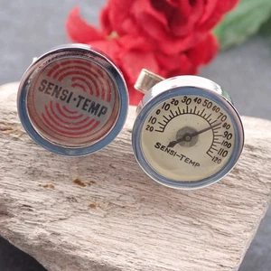 Vintage Novelty Thermometer Sensi Temp Round Gauge Silver Tone Cuff Links - Picture 1 of 5