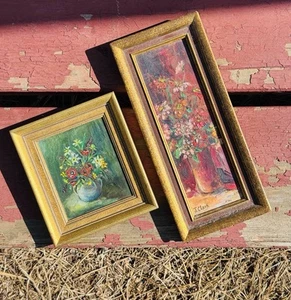 Vintage Pair Mini Handpainted Oil Canvas Florals In Vase Signed Framed Lot MCM - Picture 1 of 9