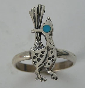 Vintage Navajo Sterlingsilber Peyote Roadrunner Ring mit Türkis Auge 7,5 3,2 g - Bild 1 von 9