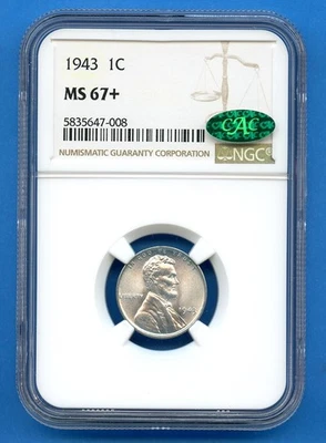 1943 P NGC MS67+ Lincoln Steel Cent 1c US Mint Wheat Penny 1943-P MS-67 Plus CAC - Image 1 of 3