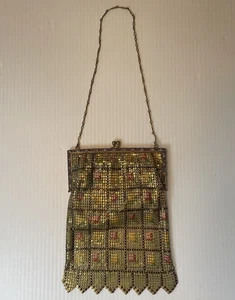 Antica borsa Art Decò in rete dipinta smaltata anni 20 cornice ottone flapper maglia a catena - Foto 1 di 17