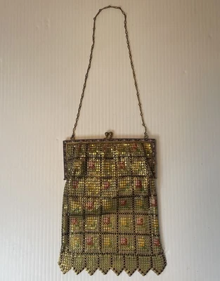 Antique Art Deco Enamel Painted Mesh Purse 1920s Brass Frame Flapper Chainmail - Image 1 of 4