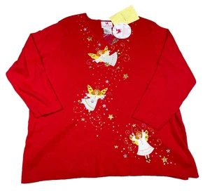 Vintage Quacker Factory Pullover Damen 2X rot Weihnachten Engel V-Ausschnitt Vintage Y2K - Bild 1 von 12