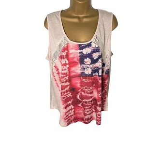 OneWorld Tank Lace Back Tie Dye American Flag 4th of July Boho Ivory 1X - Picture 1 of 5
