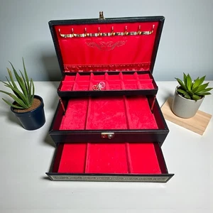 Mele Vintage Schmuckkästchen Aufbewahrung schwarz gold, zweistufig mit rotem Futter & Schlüssel - Bild 1 von 17