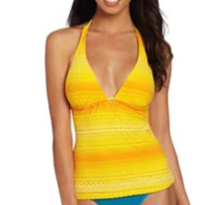 Camiseta tankini halter de encaje amarillo y naranja HOBIE, acolchada, $43, nueva con etiquetas, talla pequeña Foto 1 de 4