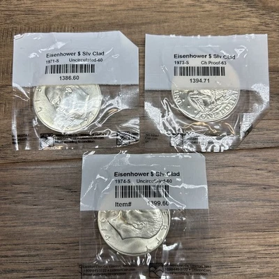1971 S 1973 S 1974 S Eisenhower $1 Silver Clad Dollars UNC Proof Littleton JD - Image 1 of 4
