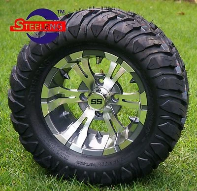 STEELENG GOLF CART 12" GUNMETAL VAMPIRE WHEELS/RIMS and 22"x11"-12" AT/MT DOT TIRES (4)