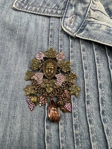 Vintage Inspired Copper Tone Grape Themed Brooch With Purple Rhinestone, Large - Picture 1 of 8