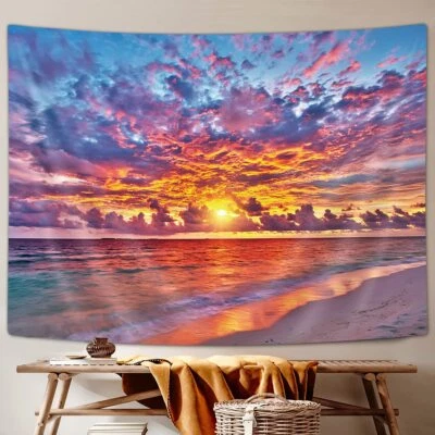 Tapiz Extra Grande Océano Tropical Puesta de Sol Nubes Colgante de Pared Tela Decoración de Habitación Foto 1 de 4