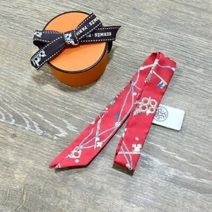 Hermes Twilly Doll Les Cles a Pois Grenadine Red Beige Silk Scarf MINT Unused - Picture 1 of 5