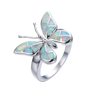Unique Butterfly Blue Green White Fire Opal Gem Silver Rings Size 5~11 Gifts - Picture 1 of 8