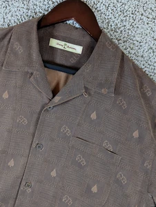 Silk Tommy Bahama Button Up Loop Collar Camp Shirt Men L Brown Craps Embroidered - Picture 1 of 15